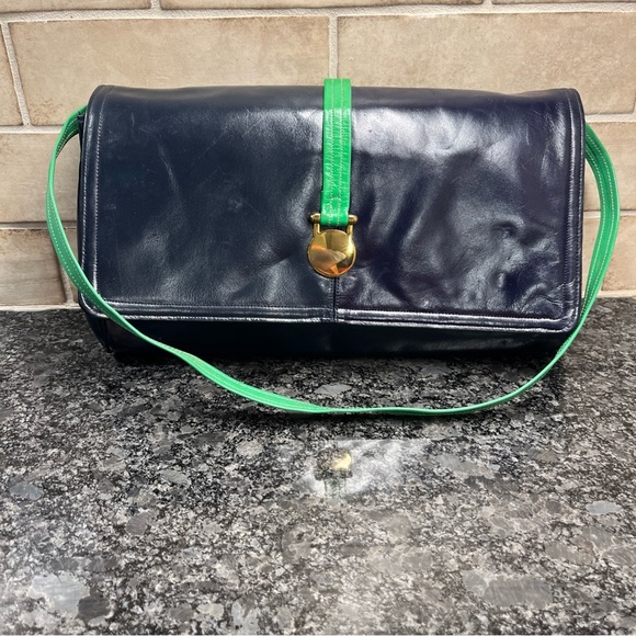 allison bag Handbags - Vintage Allison Bag Genuine Leather Shoulder Strap Bag Navy And Green